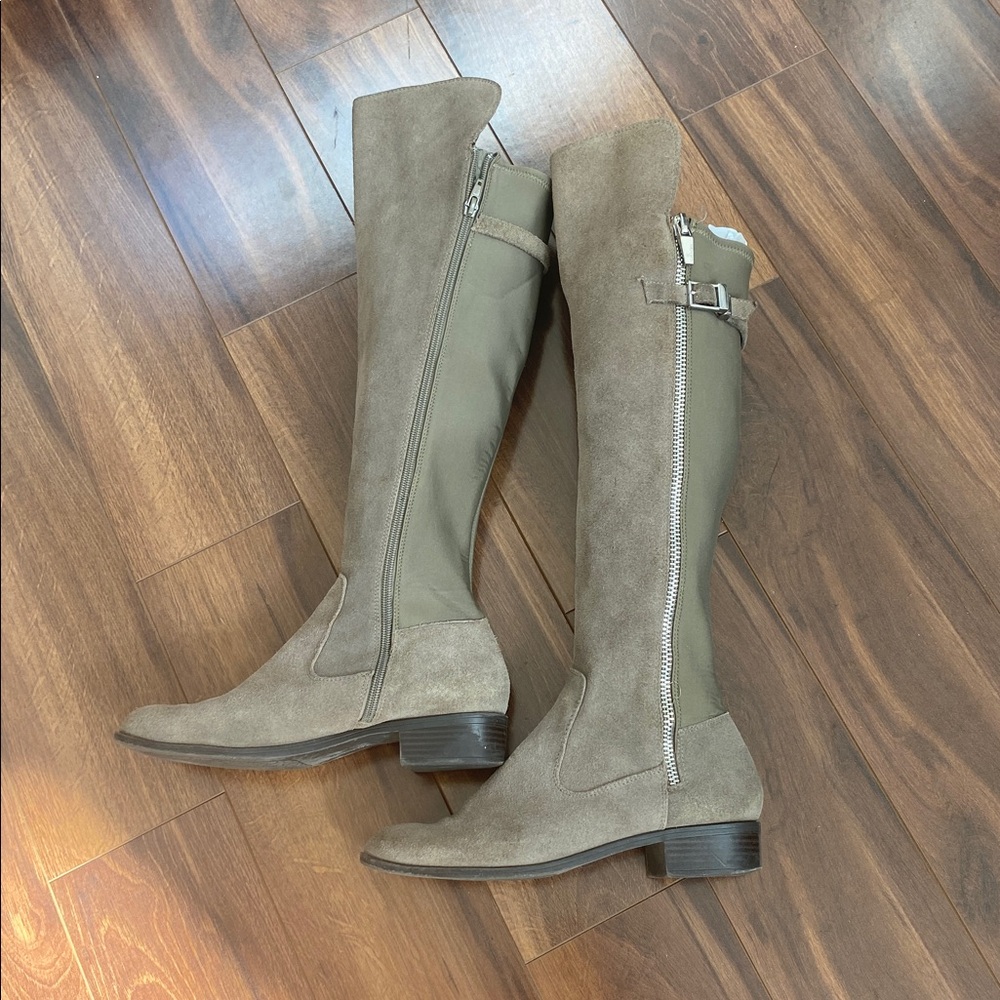 Calvin Klein Chic Taupe Knee-High Boots. Low heel, suede front, stretch back.